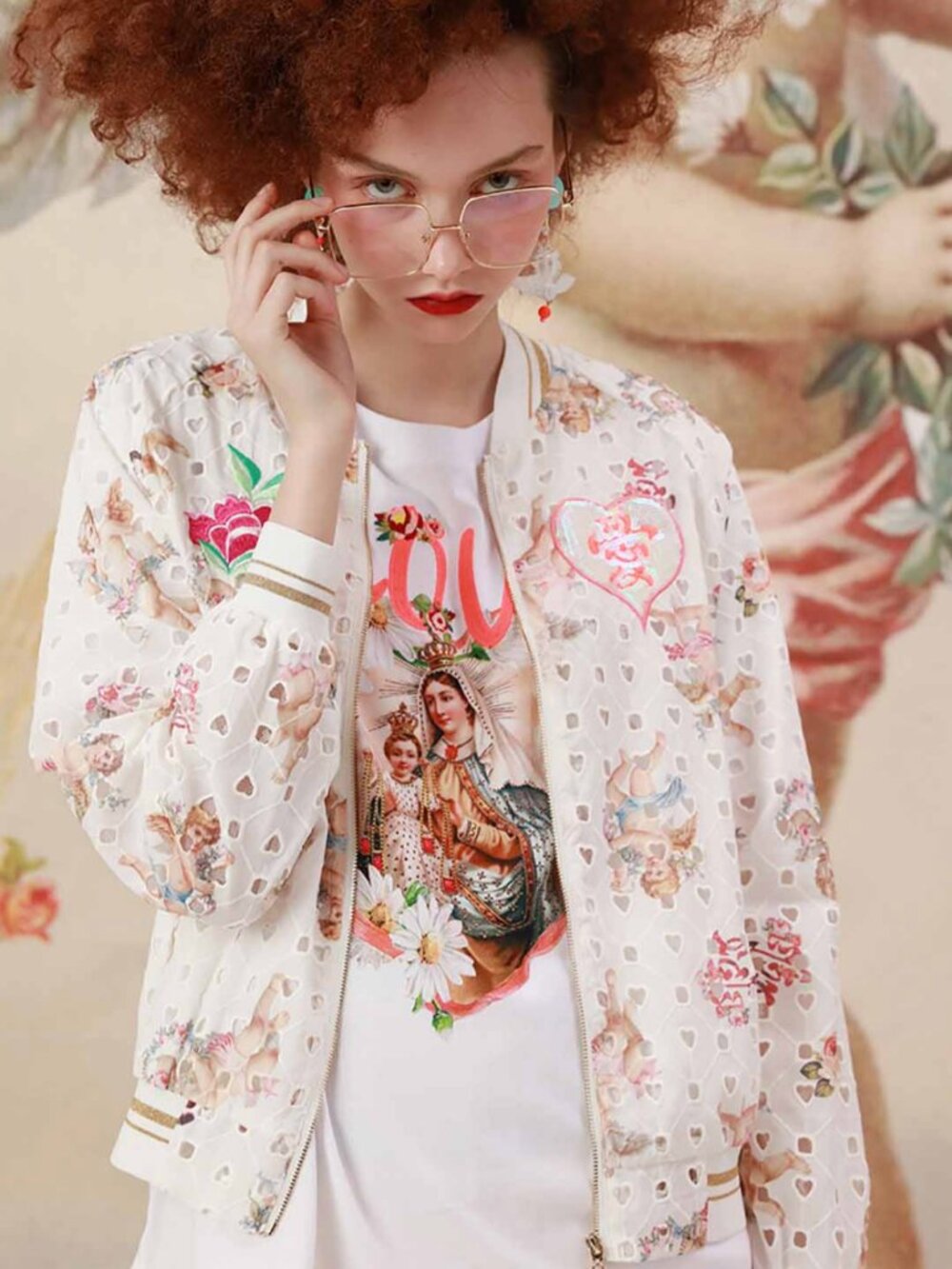 (Like New) Unlogical Poem |  Love And Flower Print Beaded Hole Fabric Jacket